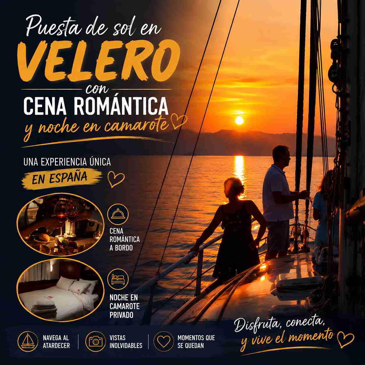 Puesta sol en velero y noche en camarote